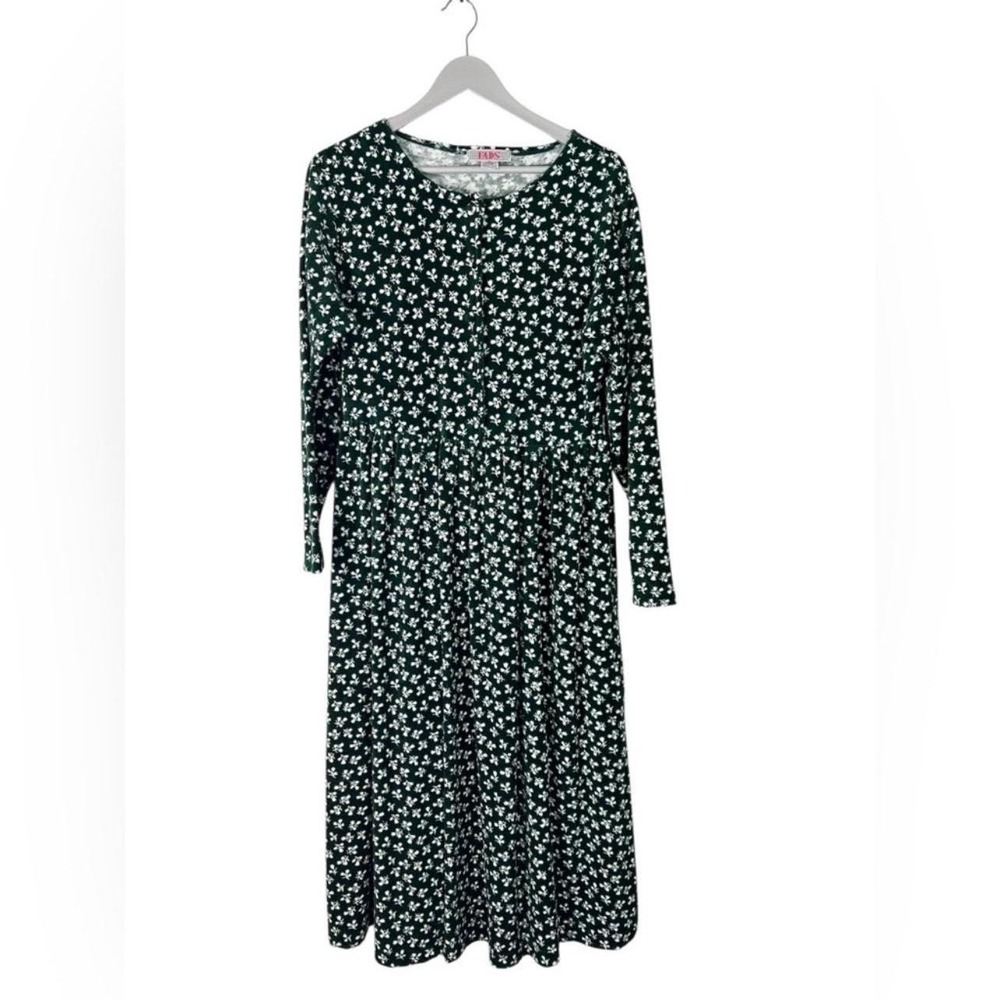 Vintage‎ FADS velour dress Size L green with white allover floral Cottagecore